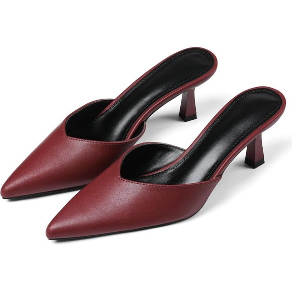 Burgundy Closed Pointed Toe Stiletto Slingback Heels Black Mules for Women - Picture 5 of 7